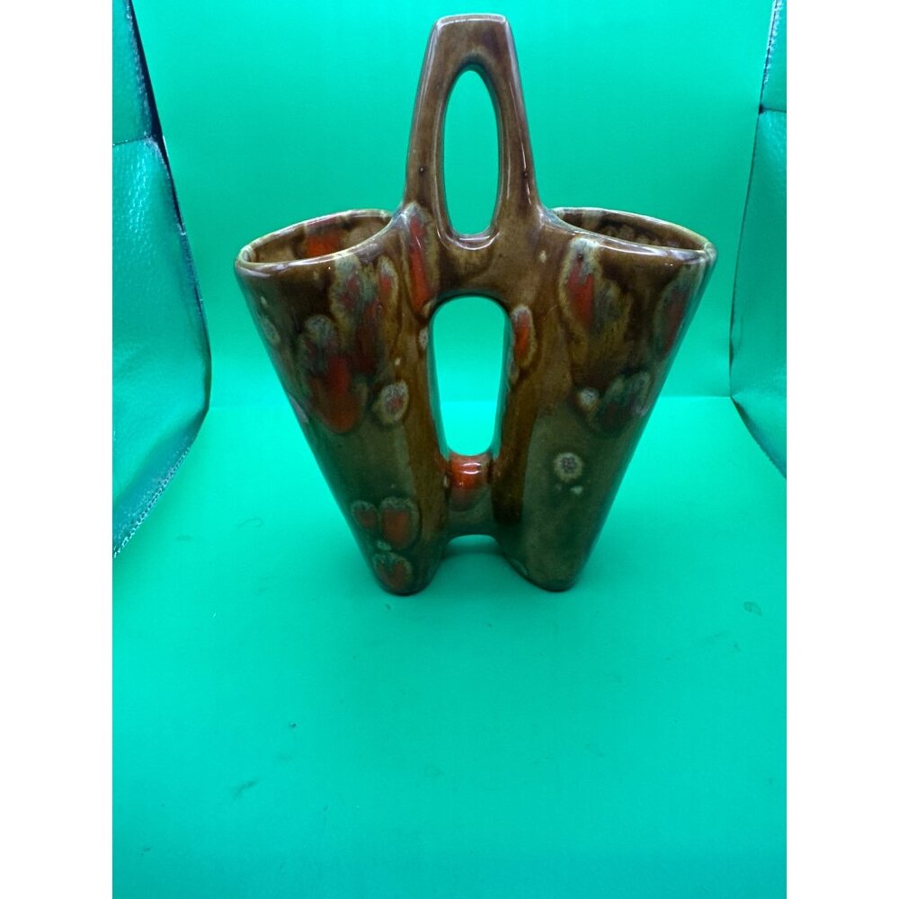 Vintage Mid-Century Double Vase With Handle  Handcrafted Ceramic With Earthy Bro